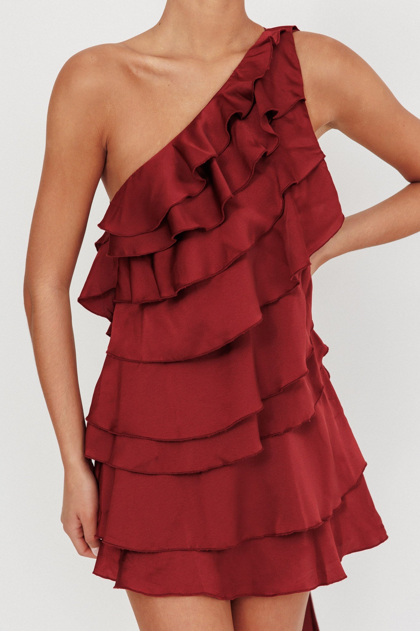 Weitese Dress Tiered Ruffle One Shoulder Mini Dress Wine Open back Homecoming Dress