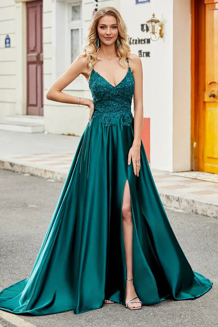 Robe Weitese tendance trapèze à bretelles spaghetti vert paon, robe de soirée longue avec appliques, robe de bal 