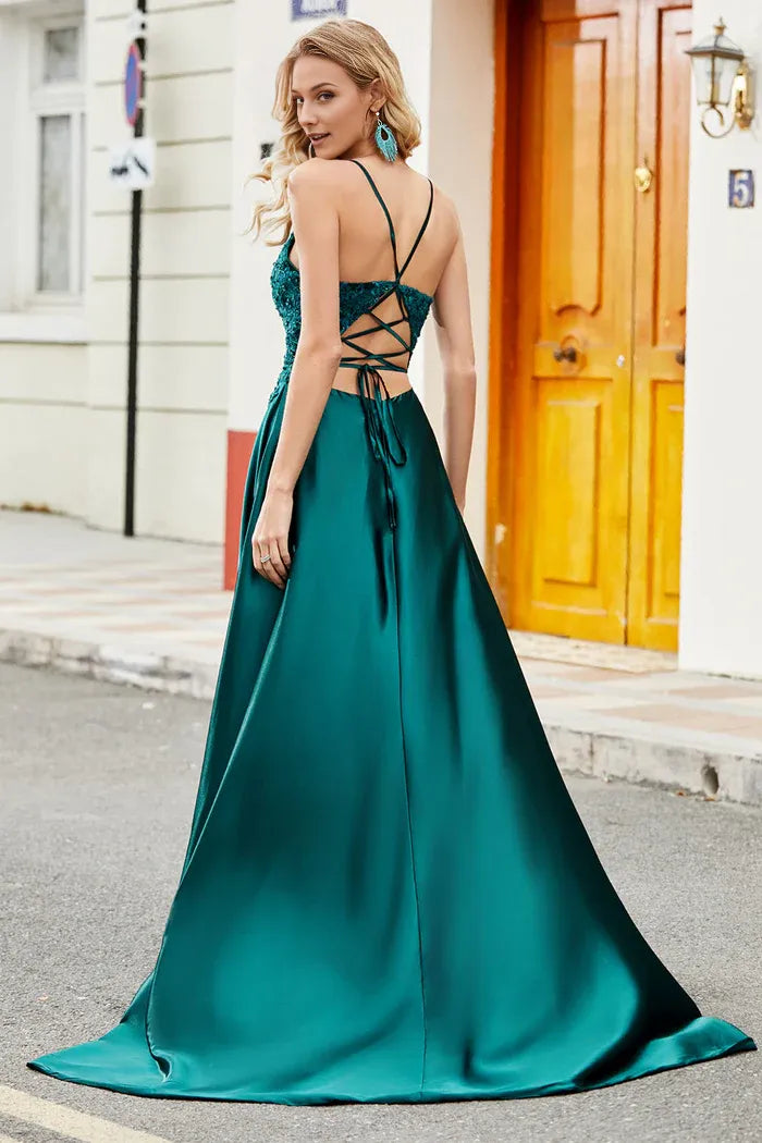 Robe Weitese tendance trapèze à bretelles spaghetti vert paon, robe de soirée longue avec appliques, robe de bal 