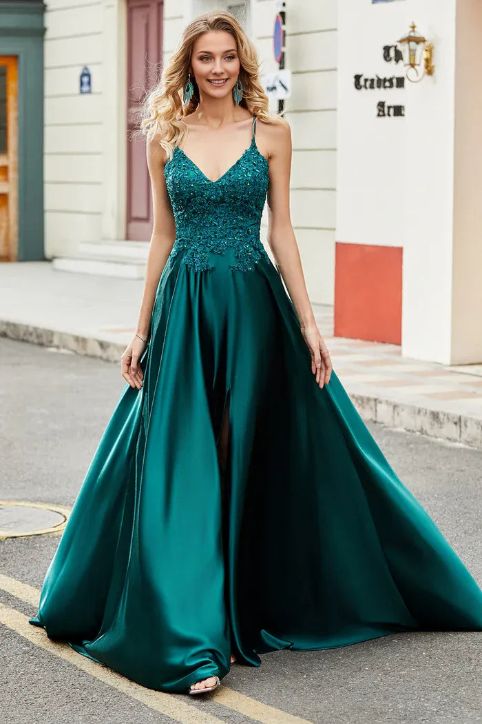 Robe Weitese tendance trapèze à bretelles spaghetti vert paon, robe de soirée longue avec appliques, robe de bal 