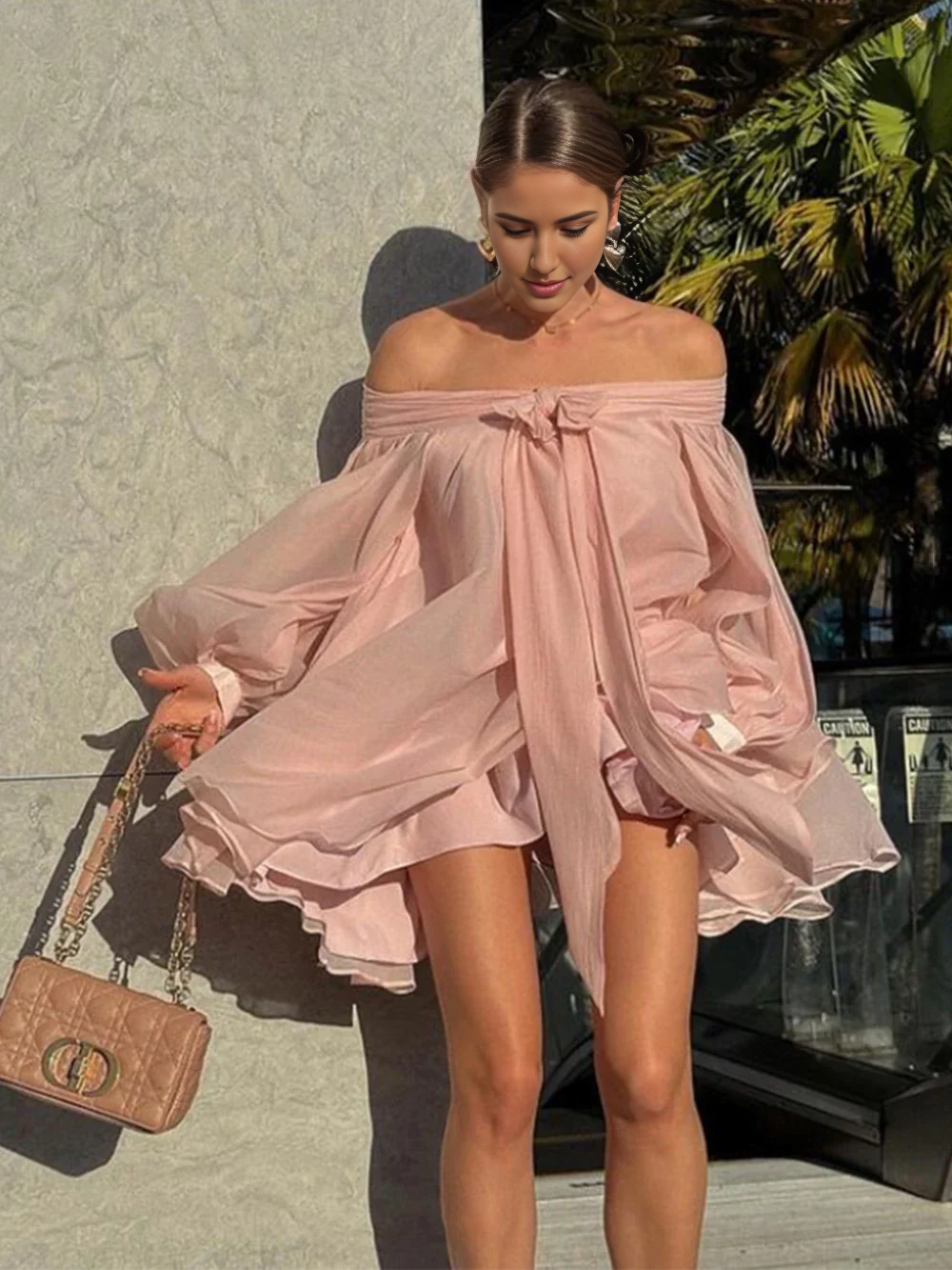 Weitese Dress Trendy Fluffy Mini Dress Off Shoulder with Bow Lantern Sleeves Party Dress Elegant Short Prom Dress Homecoming Dress