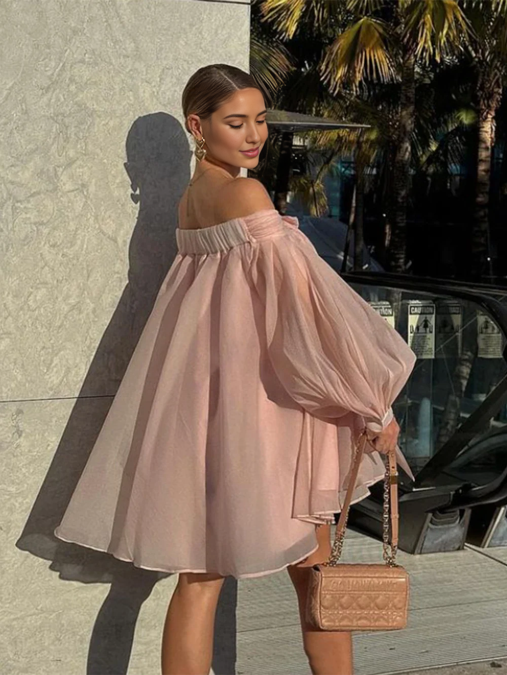 Vestido Weitese, moderno y esponjoso minivestido con hombros descubiertos y lazo, mangas farol, vestido de fiesta, elegante vestido corto de graduación, vestido de regreso a casa. 