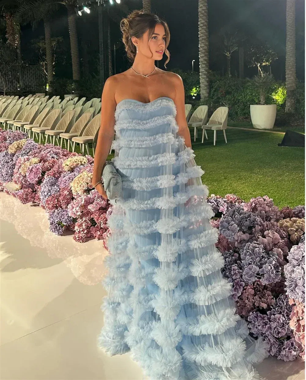 Vestido Weitese de tul con bordes rizados, multicapa, sin tirantes, azul, elegante, con hombros descubiertos y largo hasta el suelo. 