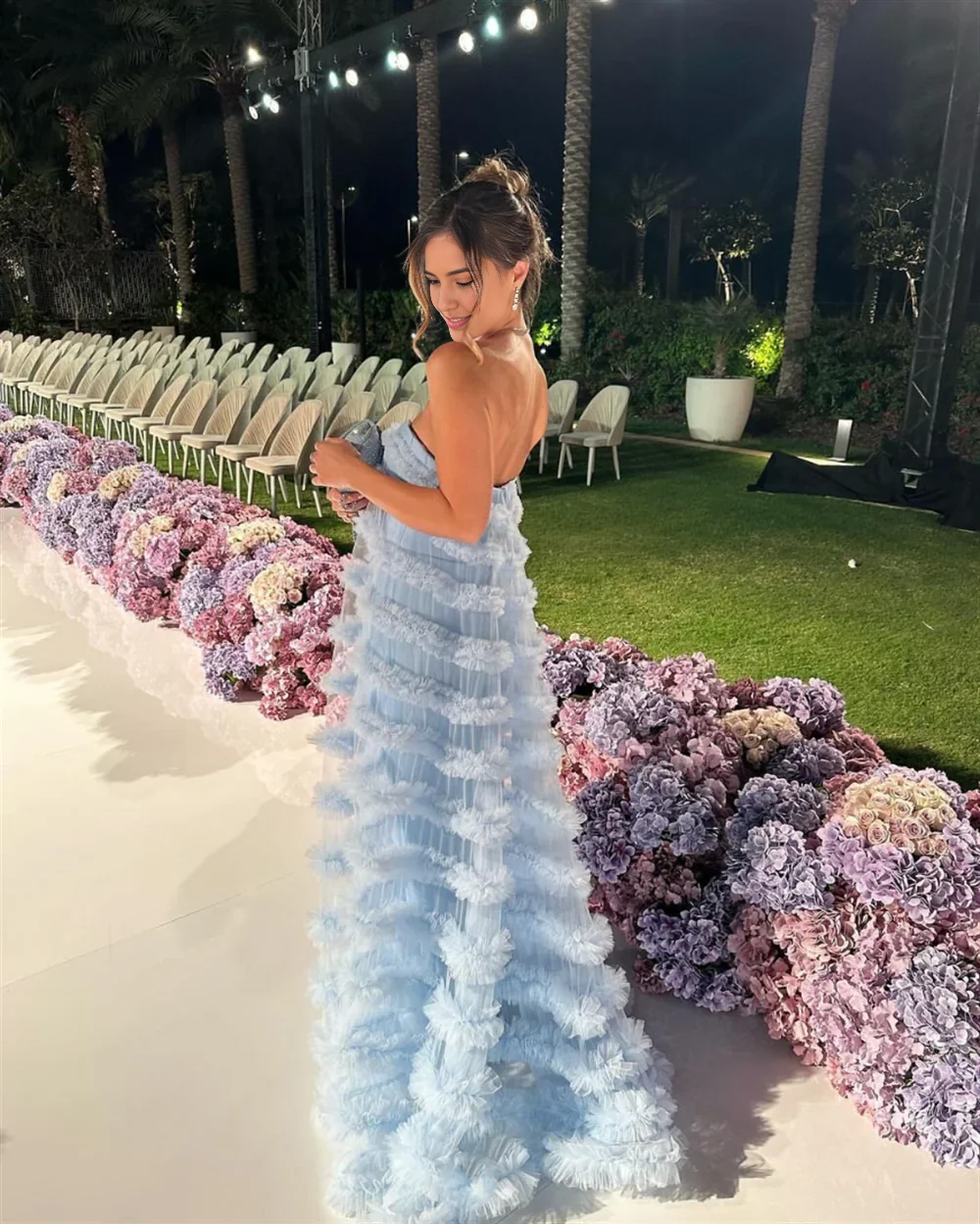 Weitese Dress Tulle Curled Edges Multi-layered Strapless Blue Party Dress Elegant Off Shoulder Floor Length Prom Dress