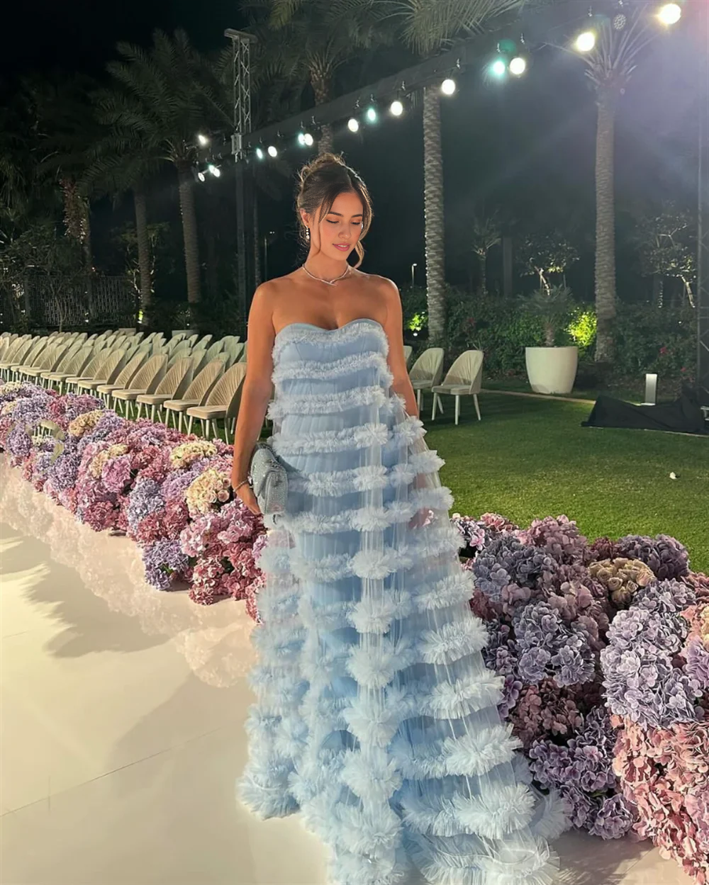 Weitese Dress Tulle Curled Edges Multi-layered Strapless Blue Party Dress Elegant Off Shoulder Floor Length Prom Dress