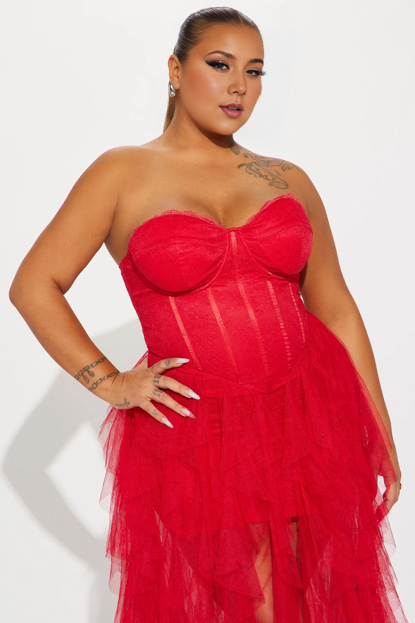 Weitese Dress Tulle Gown Off-the-Shoulder Long White Tiered Red Party Dress Strapless Mermaid Prom Dress