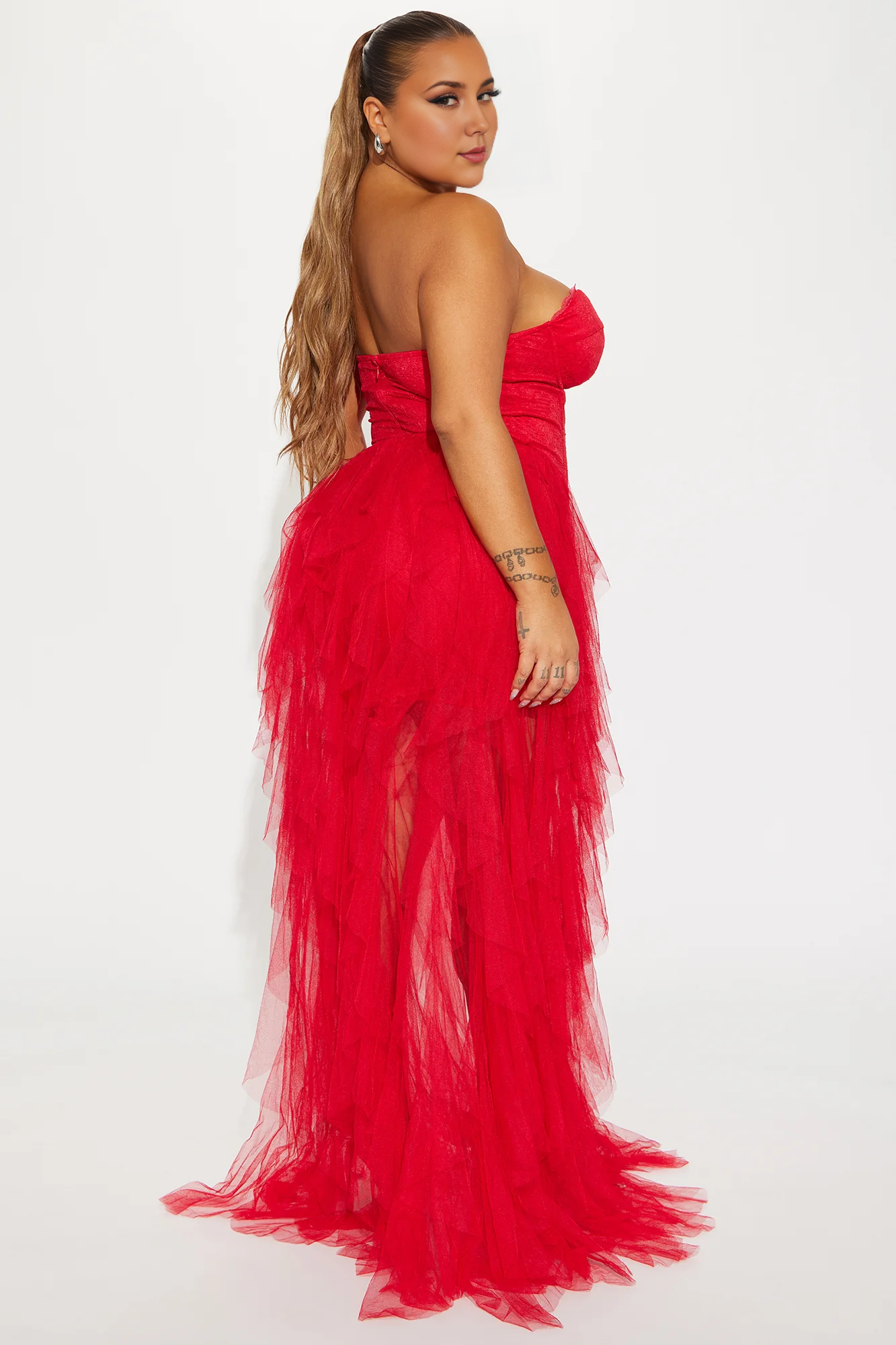 Weitese Dress Tulle Gown Off-the-Shoulder Long White Tiered Red Party Dress Strapless Mermaid Prom Dress