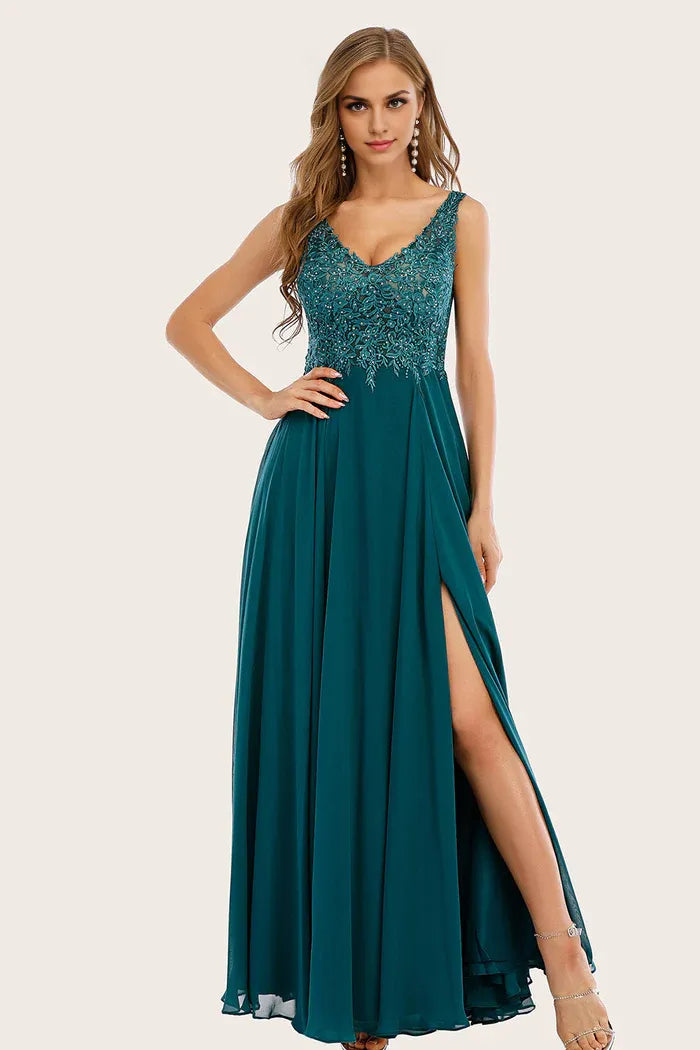 Weitese Dress Ink Blue Chiffon Long Evening Dress With Beading Lace Applique Prom Dress