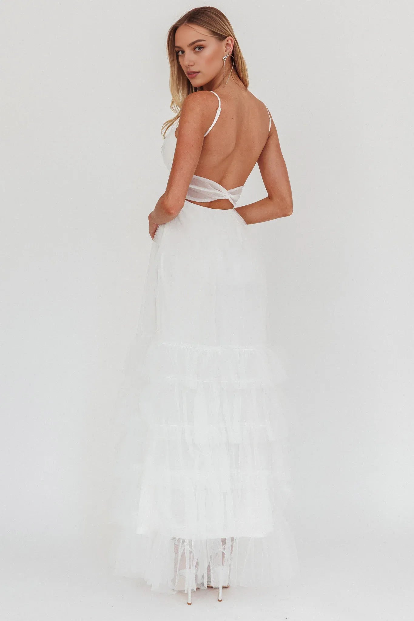 Weitese Dress Twist Back Frill Trim Tulle Maxi Dress Steel Blue Spaghetti Straps Backless Party Dress