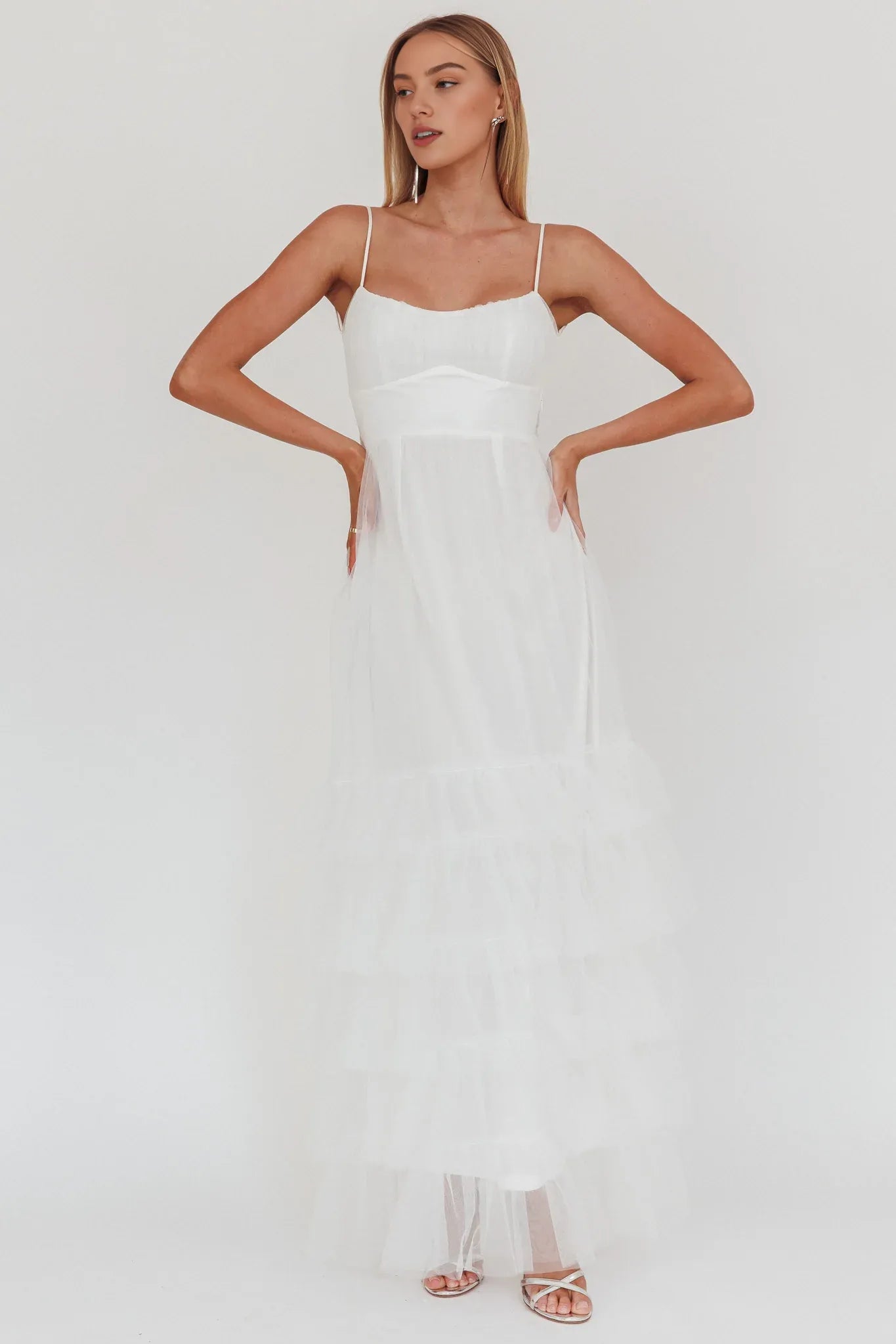 Weitese Dress Twist Back Frill Trim Tulle Maxi Dress Steel Blue Spaghetti Straps Backless Party Dress