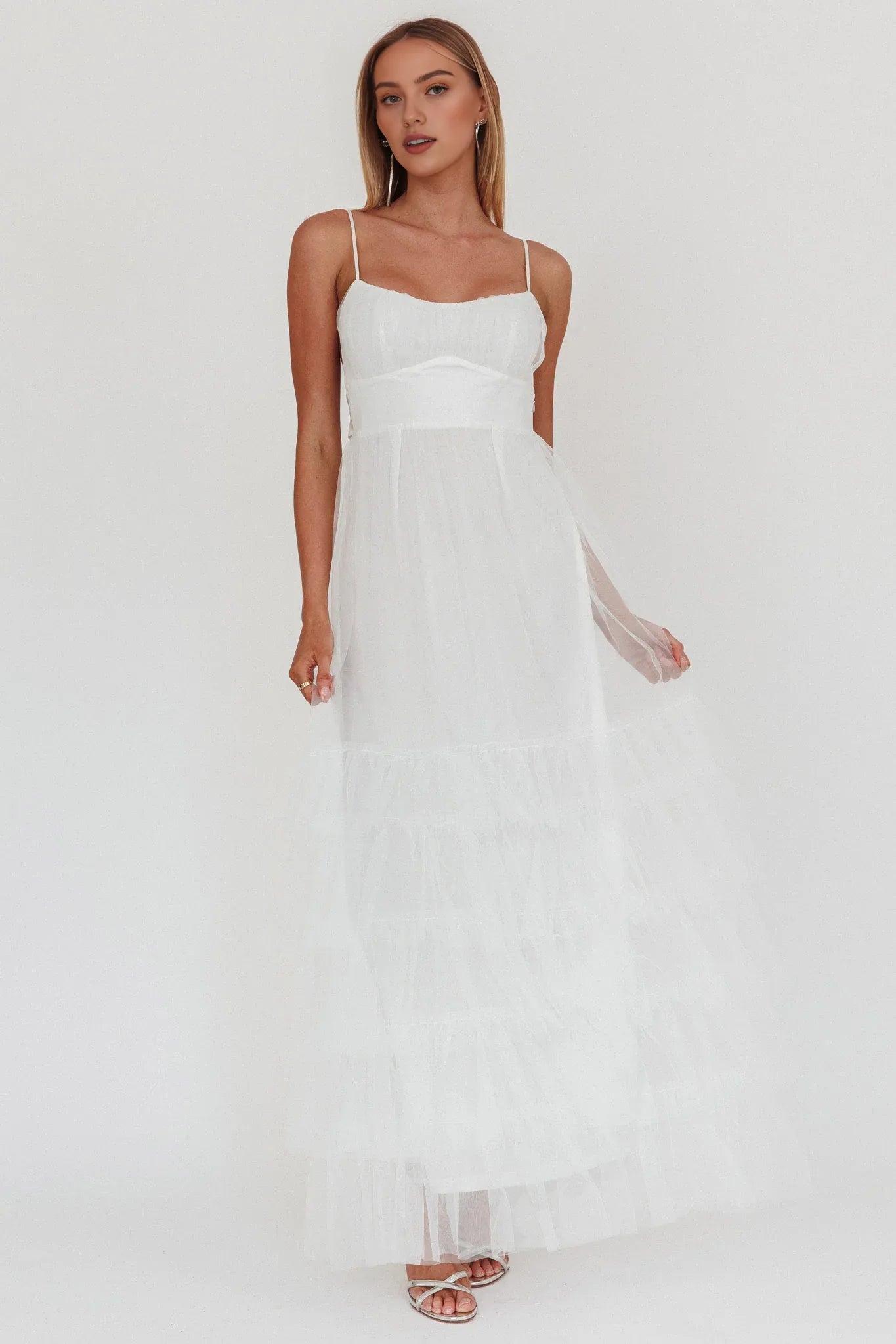 Weitese Dress Twist Back Frill Trim Tulle Maxi Dress Steel Blue Spaghetti Straps Backless Party Dress