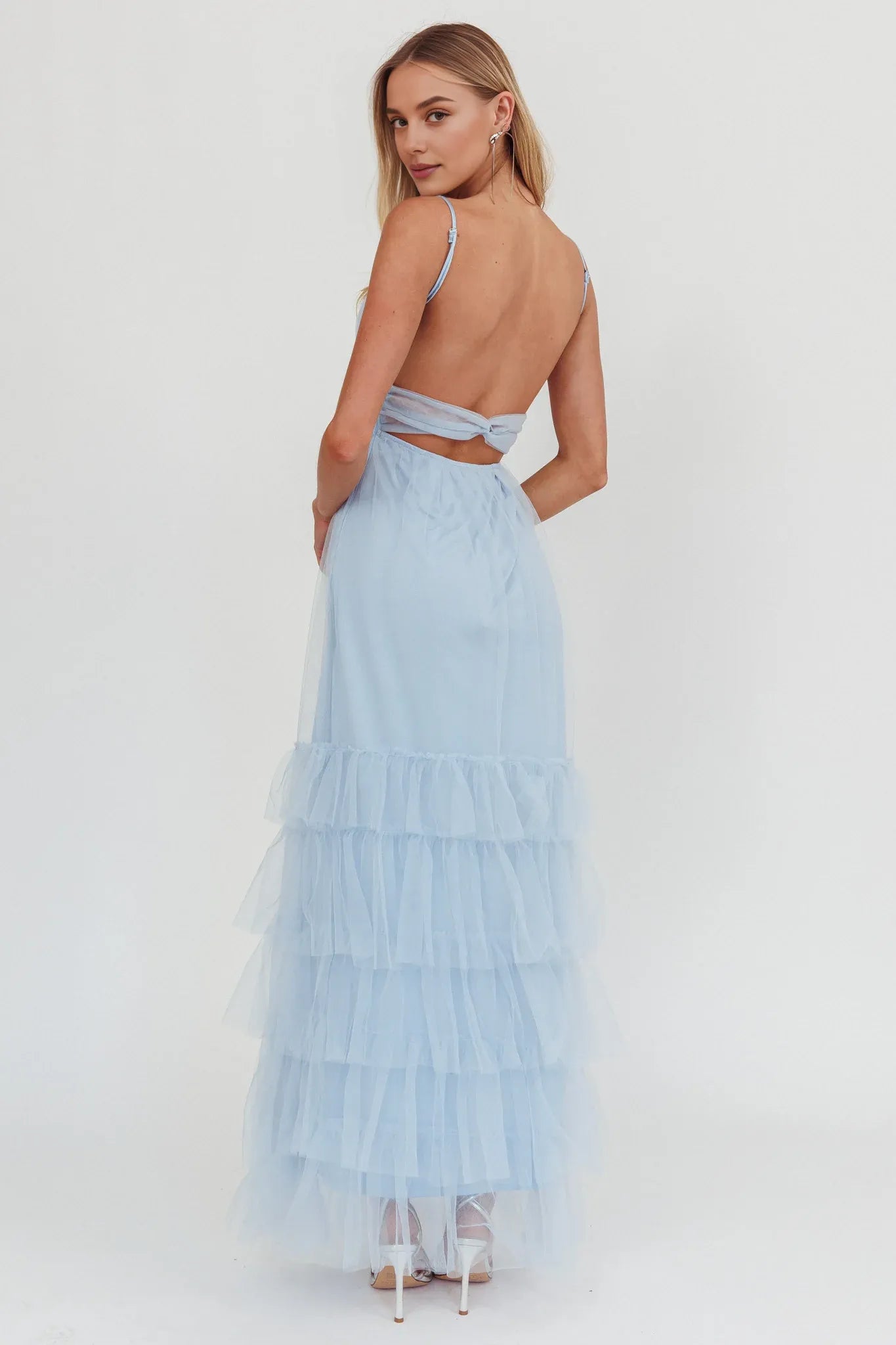 Weitese Dress Twist Back Frill Trim Tulle Maxi Dress Steel Blue Spaghetti Straps Backless Party Dress