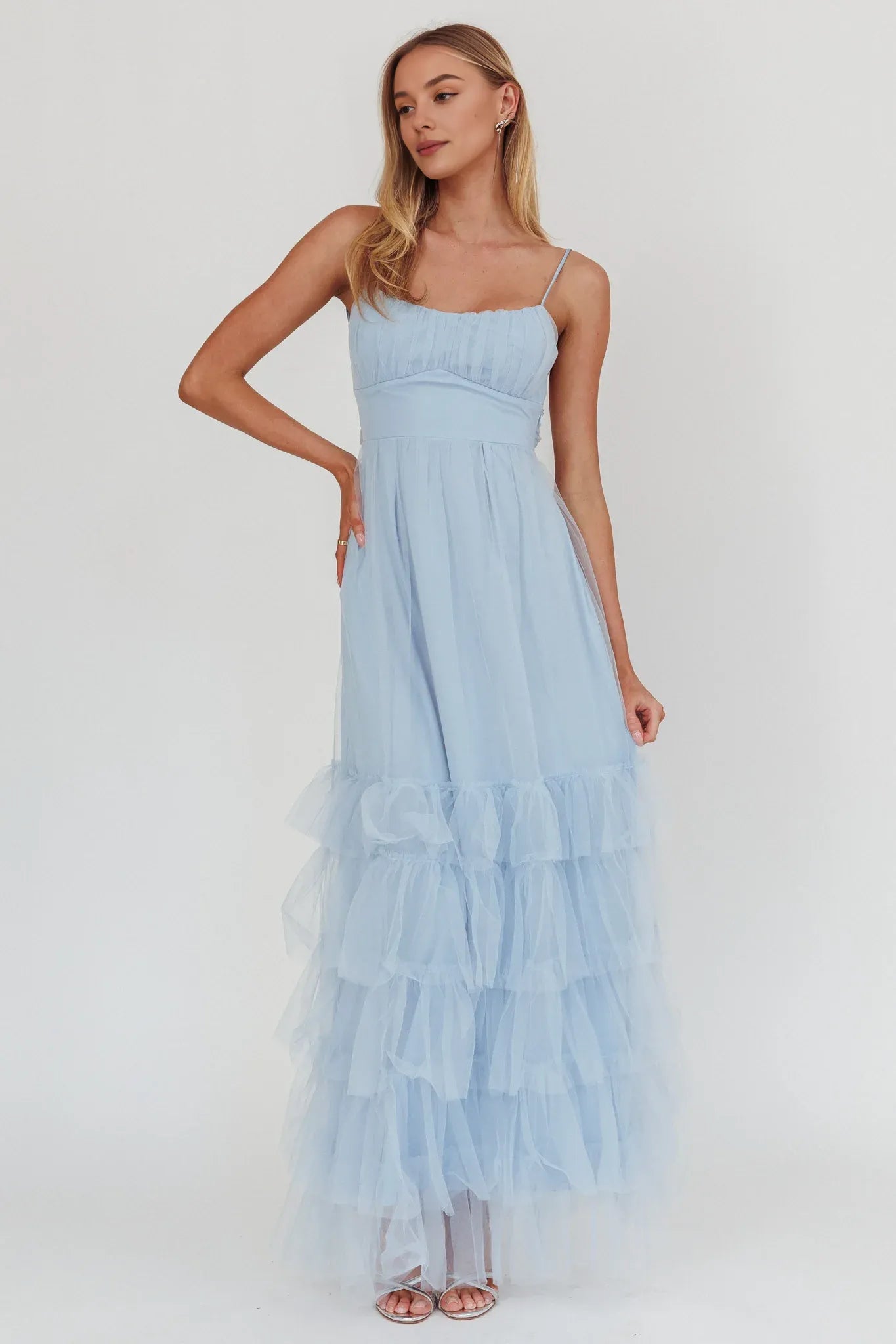 Weitese Dress Twist Back Frill Trim Tulle Maxi Dress Steel Blue Spaghetti Straps Backless Party Dress