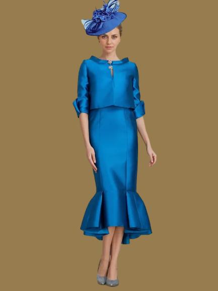 Weitese Dress Two Piece Mermaid Formal Wedding Guest Elegant Jewel Neck Tea Length Satin Half Sleeve With Buttons Derby Dress Race Day Dress 2025 Mother of the Bride Dress