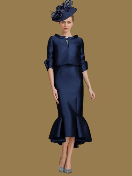 Weitese Dress Two Piece Mermaid Formal Wedding Guest Elegant Jewel Neck Tea Length Satin Half Sleeve With Buttons Derby Dress Race Day Dress 2025 Mother of the Bride Dress