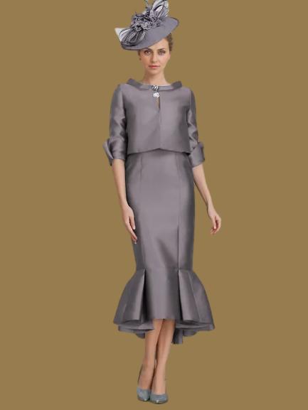 Weitese Dress Two Piece Mermaid Formal Wedding Guest Elegant Jewel Neck Tea Length Satin Half Sleeve With Buttons Derby Dress Race Day Dress 2025 Mother of the Bride Dress