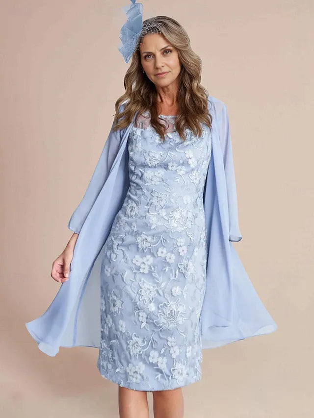Weitese Dress Two Piece Sheath Elegant Jewel Neck Knee Length Lace Chiffon 3/4 Length Sleeve Wrap Included Dresses With Lace Mother of the Bride Dress