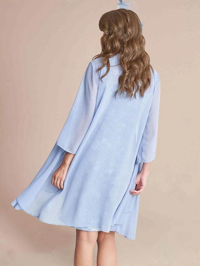 Weitese Dress Two Piece Sheath Elegant Jewel Neck Knee Length Lace Chiffon 3/4 Length Sleeve Wrap Included Dresses With Lace Mother of the Bride Dress