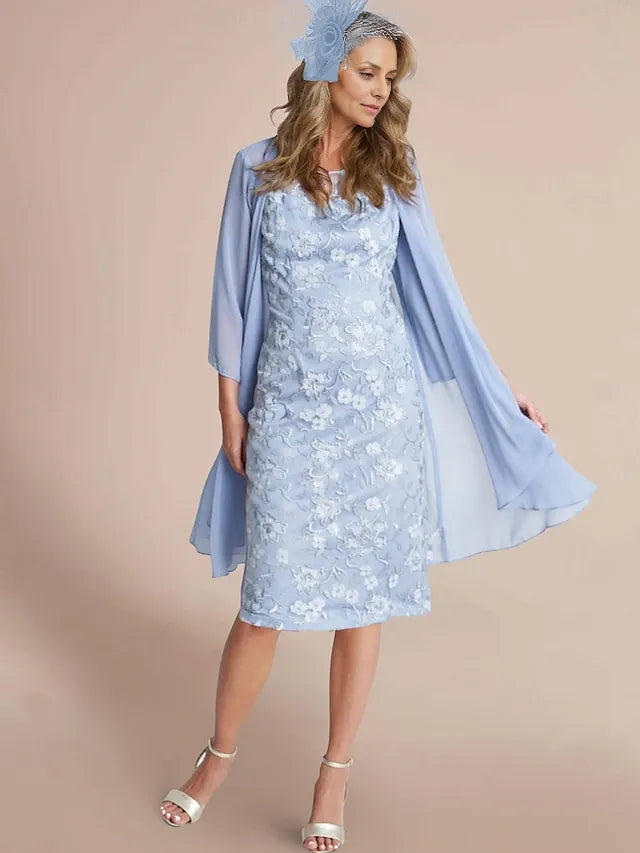 Weitese Dress Two Piece Sheath Elegant Jewel Neck Knee Length Lace Chiffon 3/4 Length Sleeve Wrap Included Dresses With Lace Mother of the Bride Dress