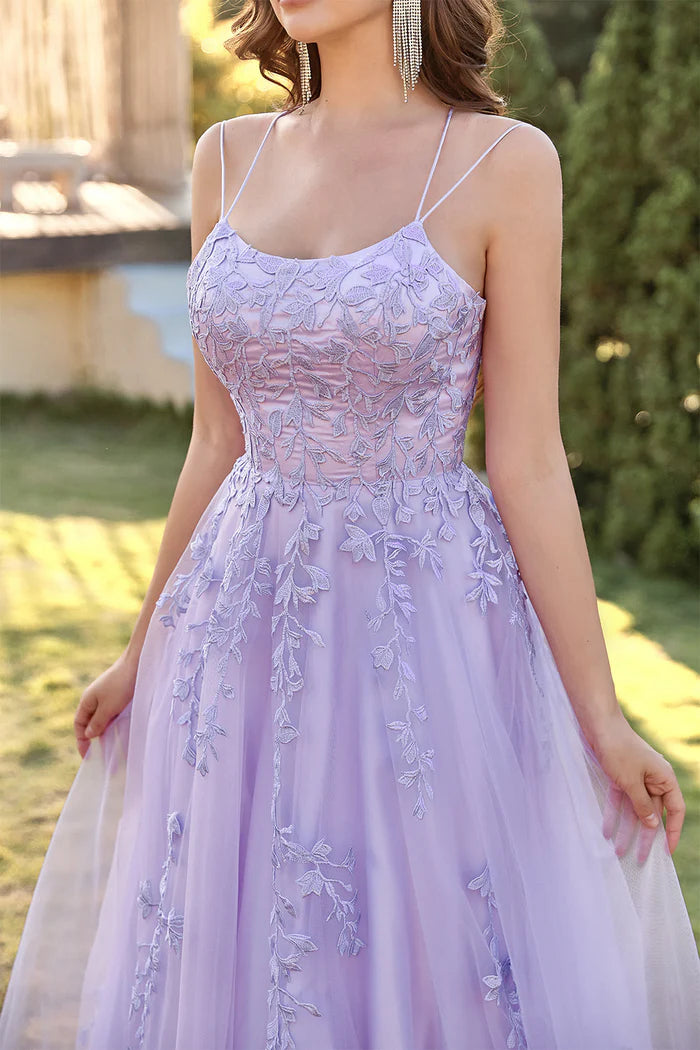 Weitese Dress Two Spaghetti Straps Purple Tulle Party Dress With Appliques Prom Dress