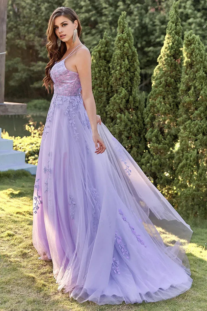 Weitese Dress Two Spaghetti Straps Purple Tulle Party Dress With Appliques Prom Dress