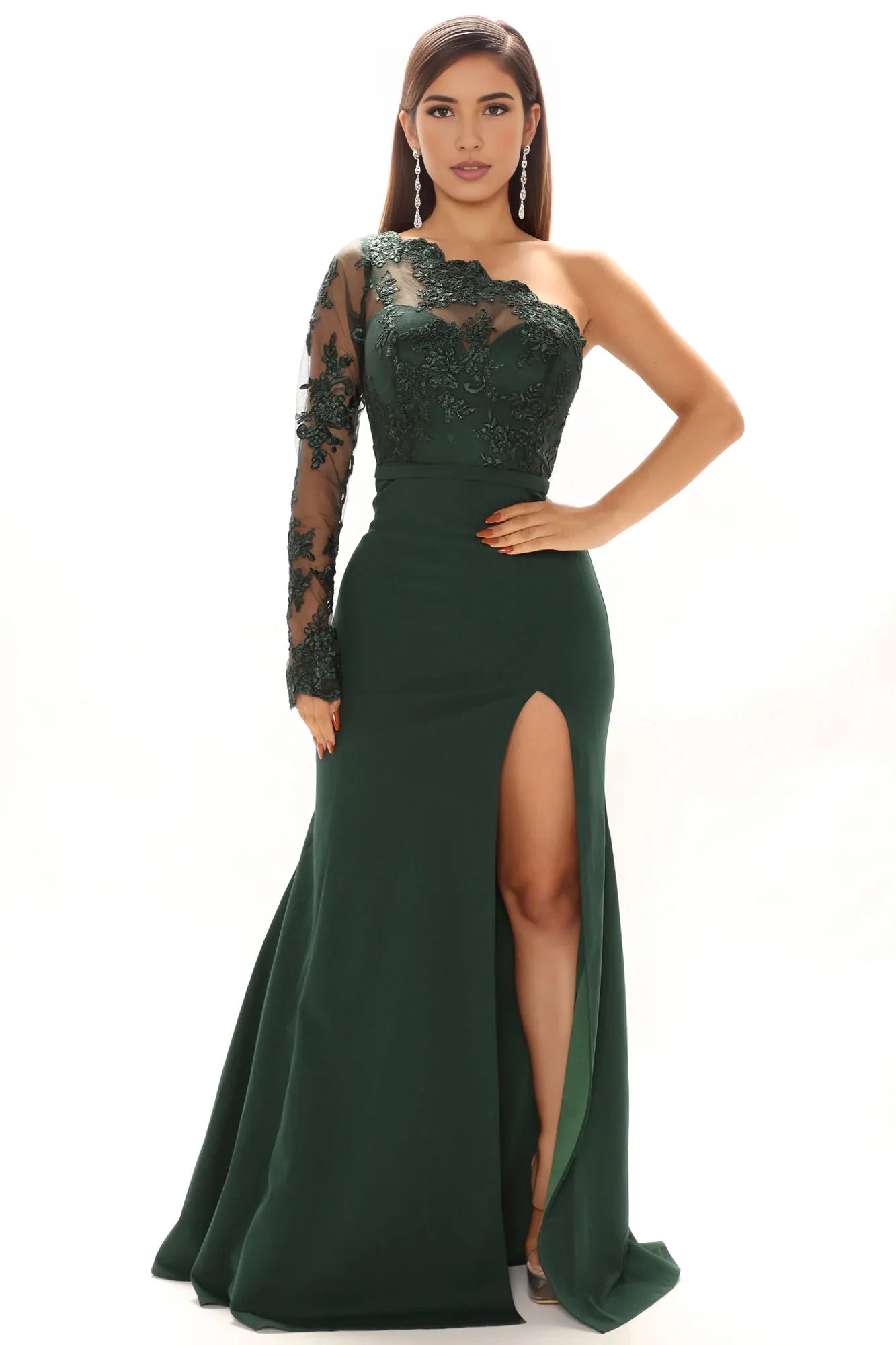 Weitese Dress Unforgettable Night Emerald Party Dress One-Shoulder Long Sleeves With Hight Slit Floor Length