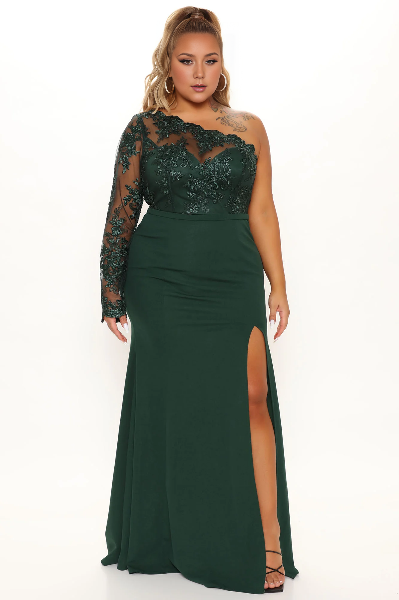 Weitese Dress Unforgettable Night Emerald Party Dress One-Shoulder Long Sleeves With Hight Slit Floor Length