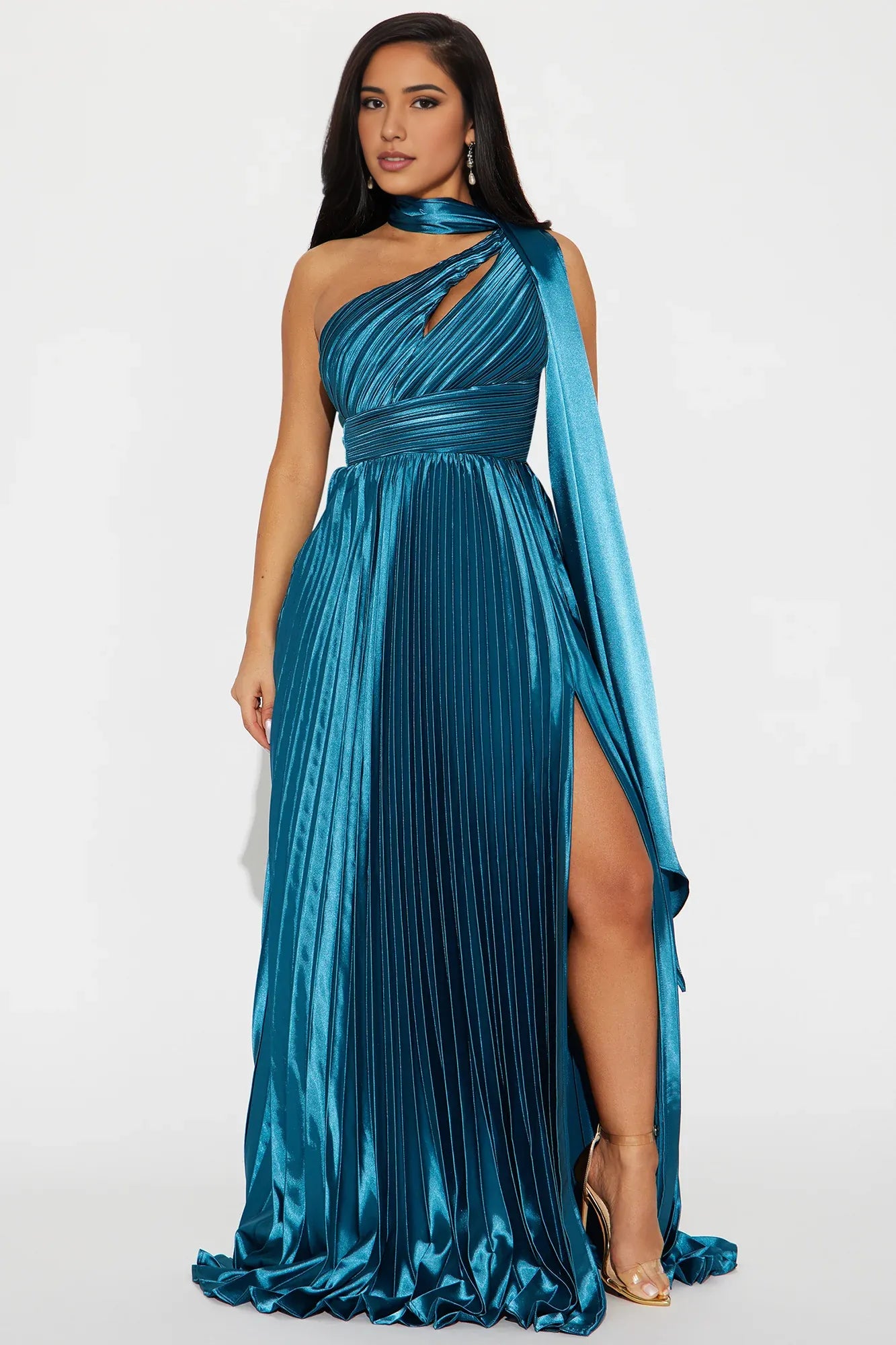 Weitese Dress Unforgettable Night Satin Gown Sleeveless A-line Pleated Teal Off Shoulder Flutter Sleeve Party Dress