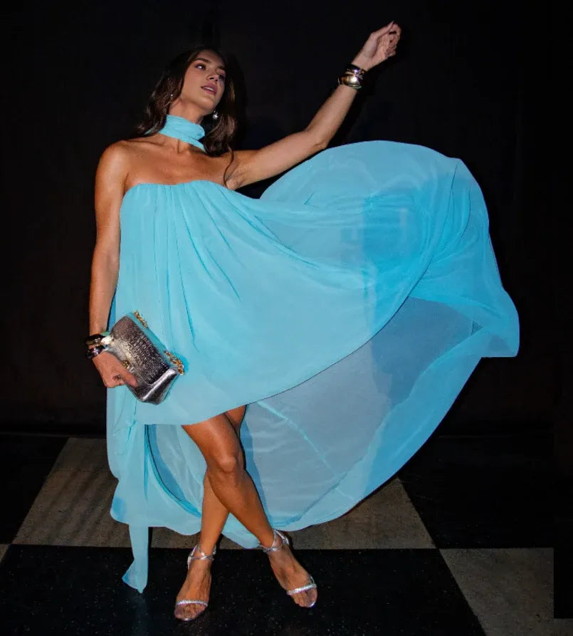 Weitese Dress Unique A Line Strapless Blue Chiffon Short Long Prom Dress Evening Dress Party Dress