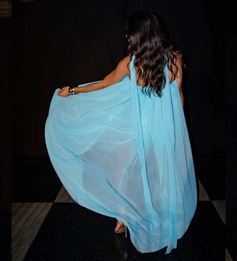 Weitese Dress Unique A Line Strapless Blue Chiffon Short Long Prom Dress Evening Dress Party Dress