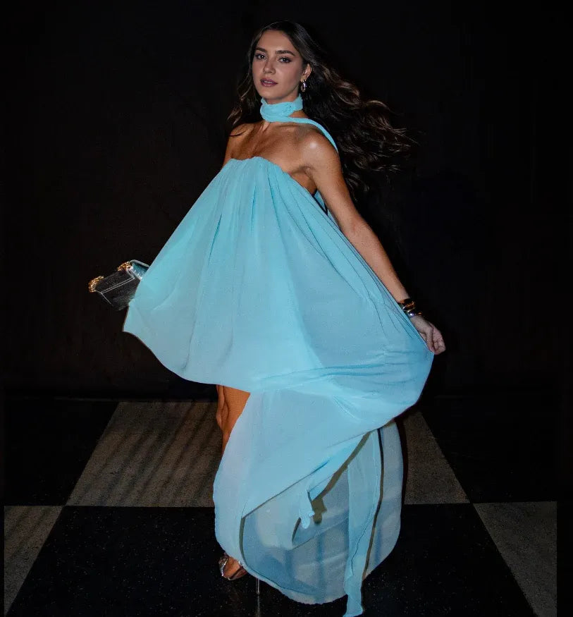 Weitese Dress Unique A Line Strapless Blue Chiffon Short Long Prom Dress Evening Dress Party Dress