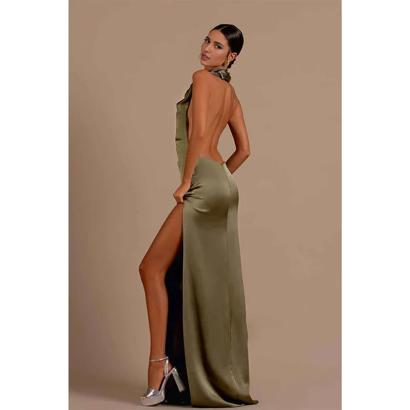 Vestido Weitese único Halter plisado sin espalda vestidos largos vestido de fiesta formal 