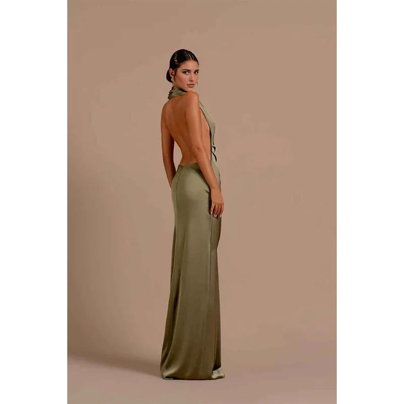 Weitese Dress Unique Halter Pleats Backless Long Dresses Formal Party Dress