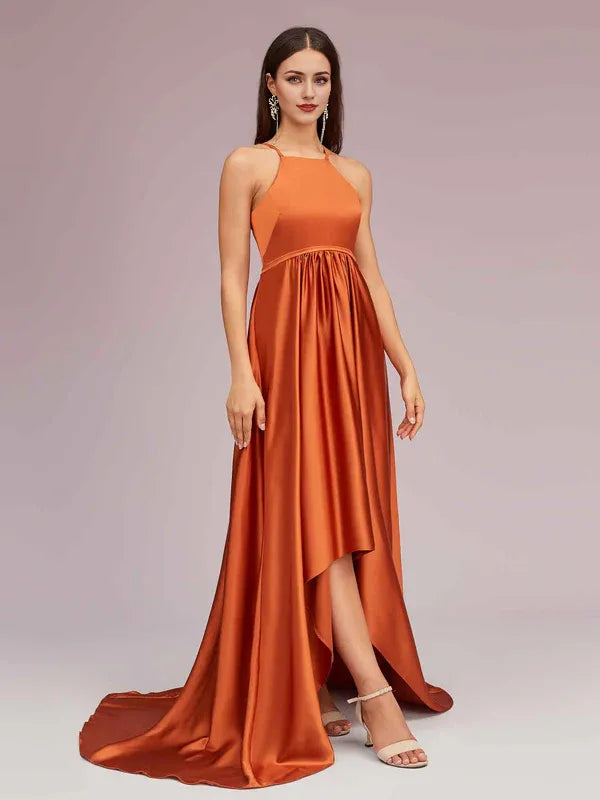 Robe Weitese unique en satin, col haut et bas, robe de soirée à bretelles spaghetti, sans manches, pour femme 