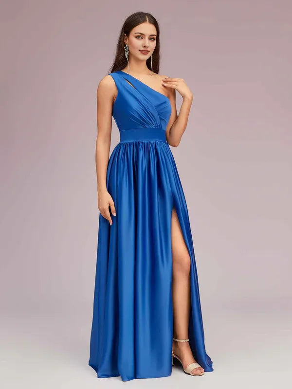 Robe Weitese unique, robe longue asymétrique à une épaule, fente latérale, satin doux, robes de bal plissées pour remise de diplôme 