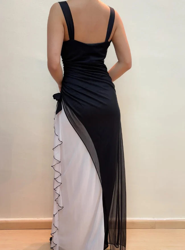 Weitese Dress Unique Sheath Wide Strap Black White Chiffon Prom Dress Evening Dress Party Dress