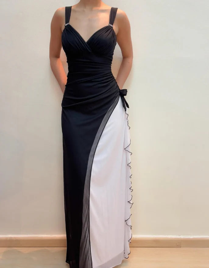 Weitese Dress Unique Sheath Wide Strap Black White Chiffon Prom Dress Evening Dress Party Dress