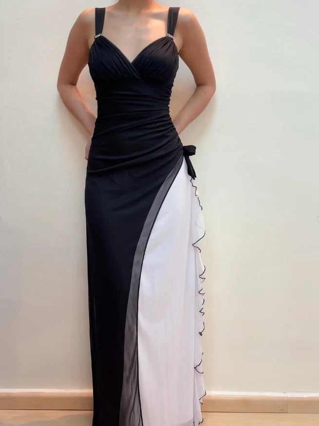 Weitese Dress Unique Sheath Wide Strap Black White Chiffon Prom Dress Evening Dress Party Dress