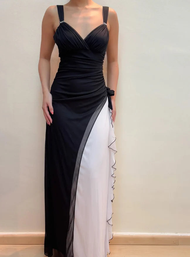 Weitese Dress Unique Sheath Wide Strap Black White Chiffon Prom Dress Evening Dress Party Dress
