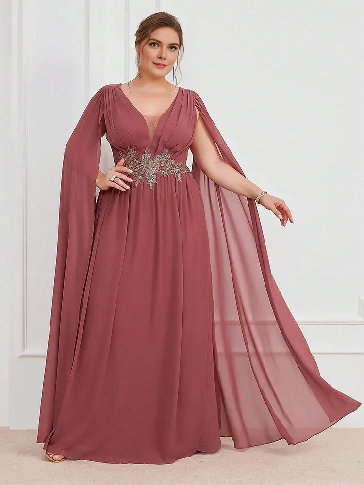 Weitese Dress V-Neck Flesh Pink Sleeveless Chiffon Luxury Floor-Length Wedding Evening Dress Big Size Chiffon Mom Dress