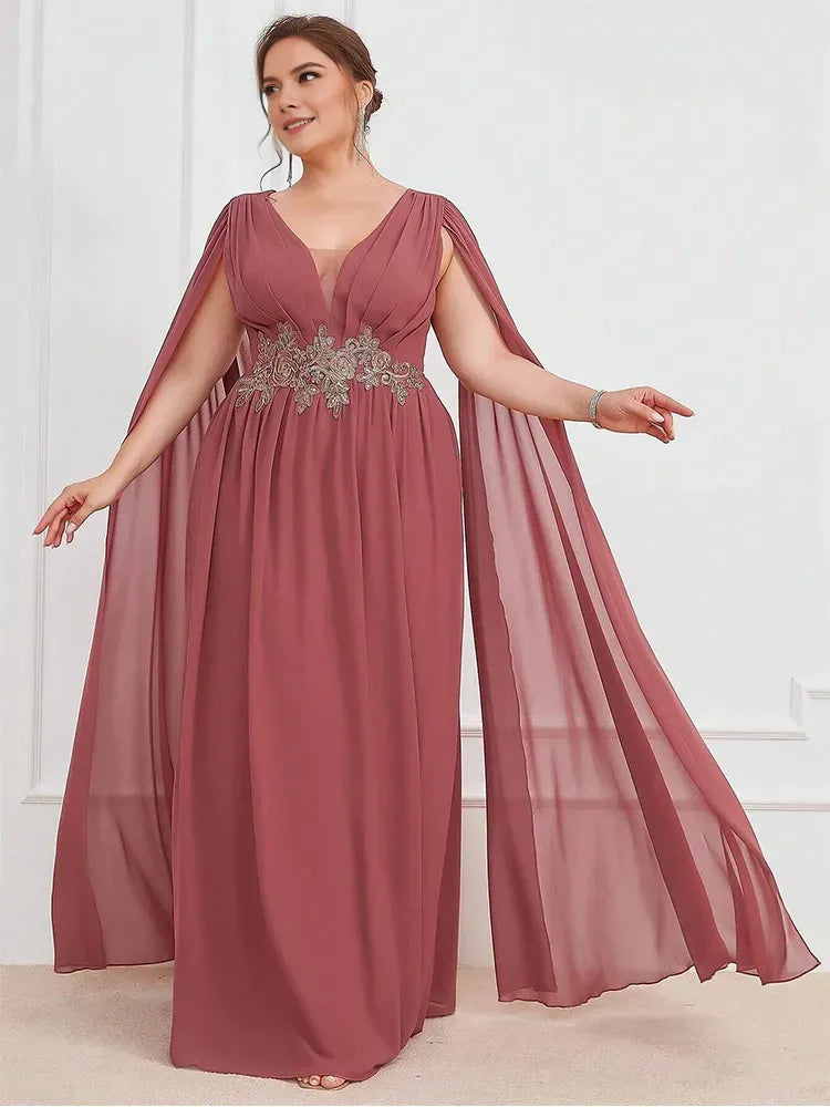 Weitese Dress V-Neck Flesh Pink Sleeveless Chiffon Luxury Floor-Length Wedding Evening Dress Big Size Chiffon Mom Dress