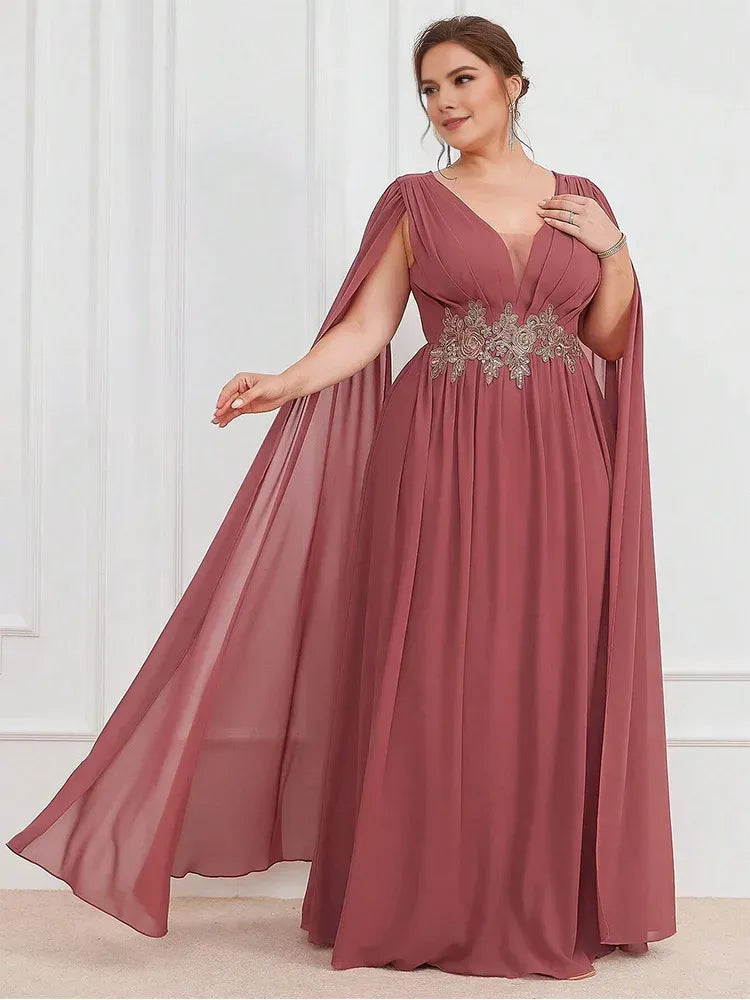 Weitese Dress V-Neck Flesh Pink Sleeveless Chiffon Luxury Floor-Length Wedding Evening Dress Big Size Chiffon Mom Dress