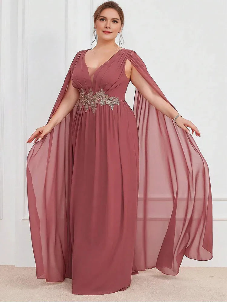 Weitese Dress V-Neck Flesh Pink Sleeveless Chiffon Luxury Floor-Length Wedding Evening Dress Big Size Chiffon Mom Dress