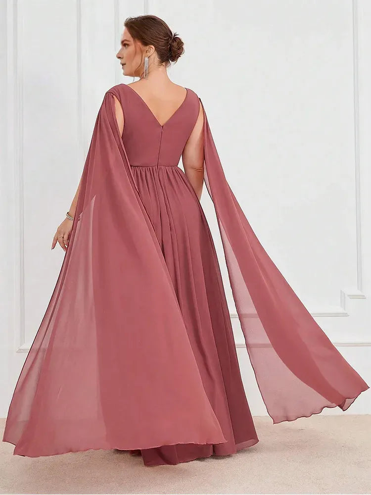 Weitese Dress V-Neck Flesh Pink Sleeveless Chiffon Luxury Floor-Length Wedding Evening Dress Big Size Chiffon Mom Dress