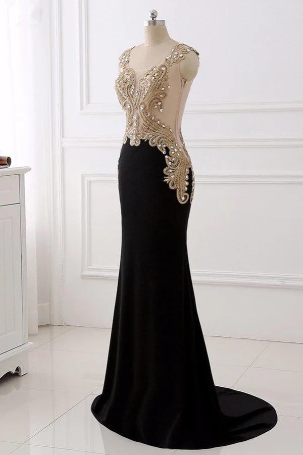 Weitese Dress V-Neck Sleeveless Mermaid Evening Dresses Gold Appliques With Crystals Prom Dress