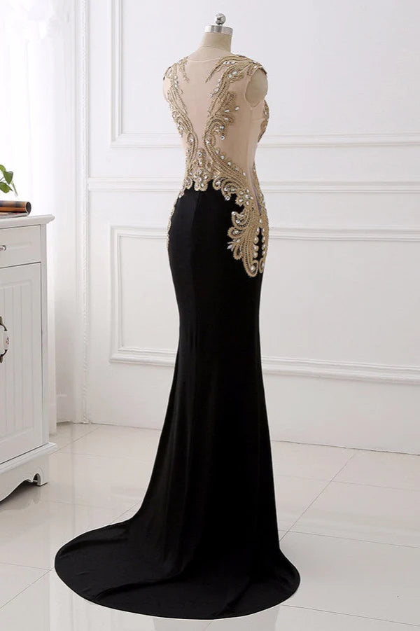 Weitese Dress V-Neck Sleeveless Mermaid Evening Dresses Gold Appliques With Crystals Prom Dress
