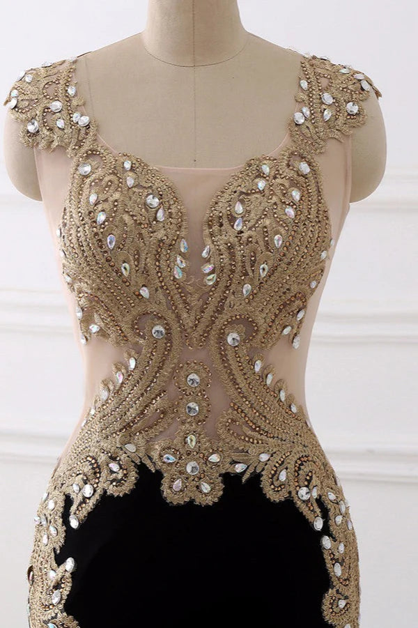 Weitese Dress V-Neck Sleeveless Mermaid Evening Dresses Gold Appliques With Crystals Prom Dress