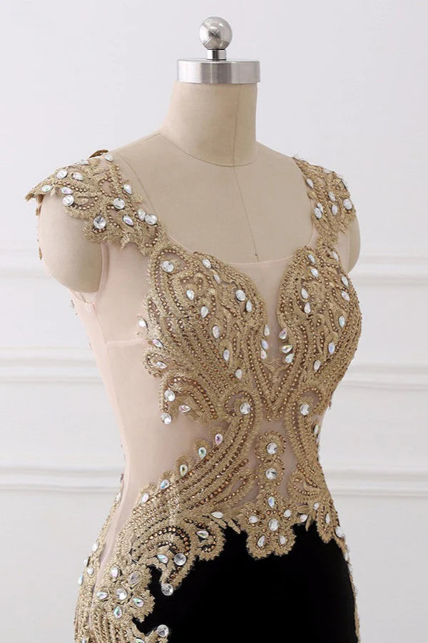 Weitese Dress V-Neck Sleeveless Mermaid Evening Dresses Gold Appliques With Crystals Prom Dress