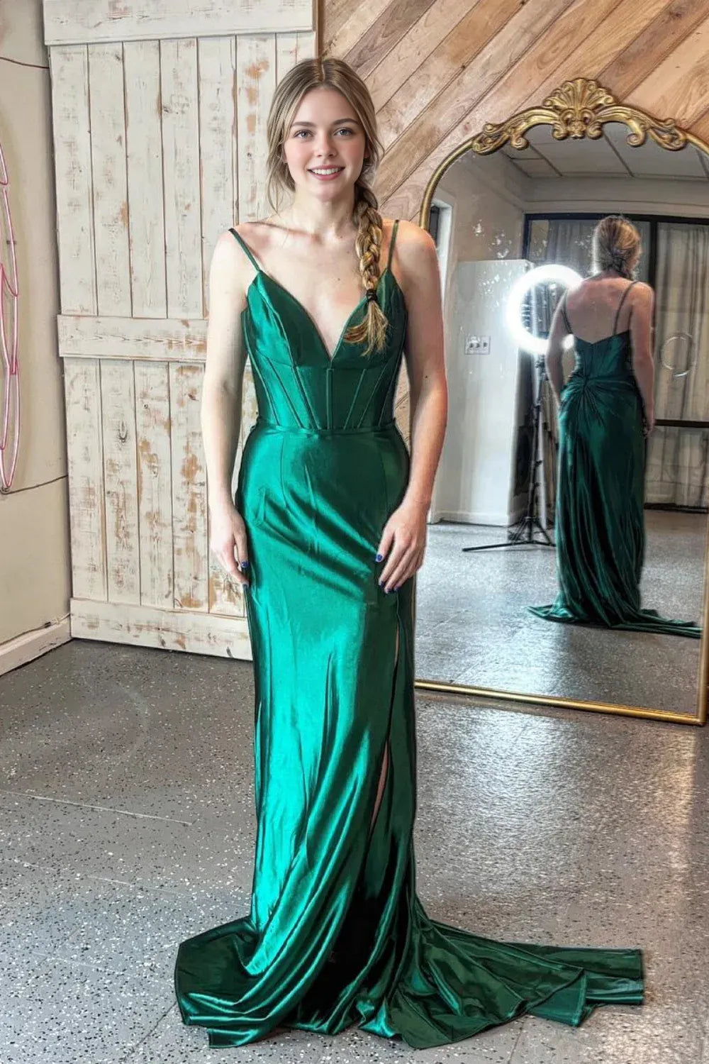 Weitese Dress V-neck Emerald Green Mermaid Long Dress with Slit Prom Dress