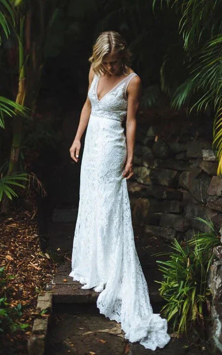 Weitese Dress V-neck V Back Lace Vintage Backless Sheer Casual Wedding Dress